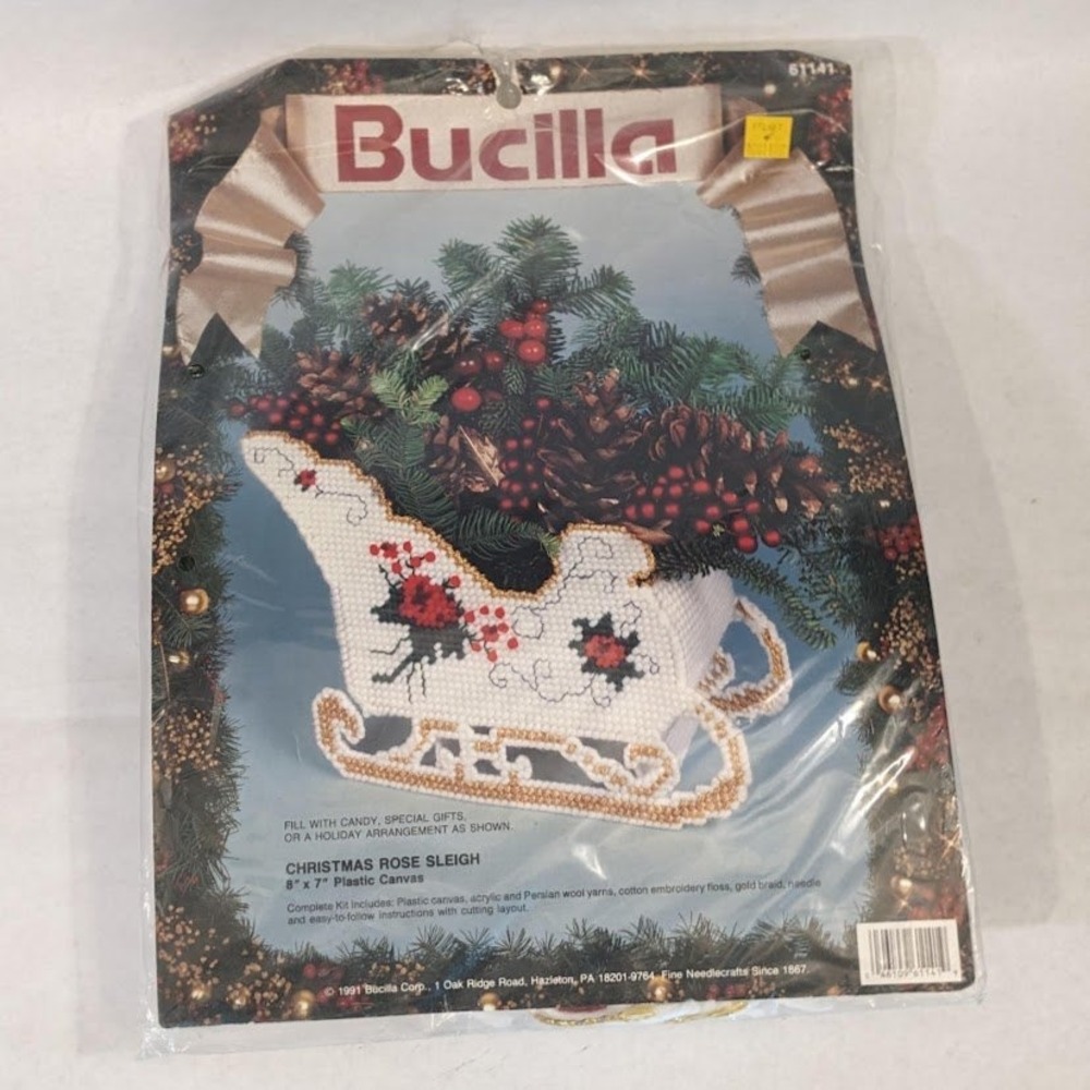 Vintage 1991 Bucilla Christmas Rose Sleigh Plastic Canvas Kit 61141 Sealed